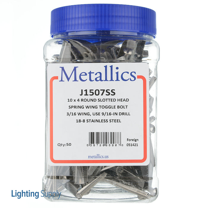 Metallics 3/16 10-24 X 4 Round Head Slotted Spring Wing And Toggle Bolt Stainless Steel 18-8-50 Per Pack (J1507SS)