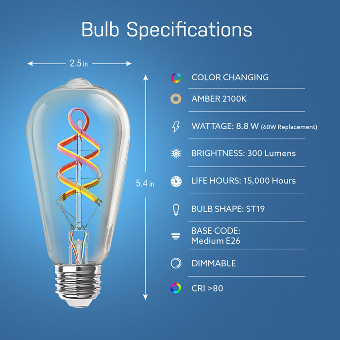 Feit Electric [60W Equivalent] ST21 E26 Base Dimmable Color Changing Spiral Filament Vintage Decorative Smart Wi-Fi LED Light Bulb (ST2160/RGBW/FIL/AG)