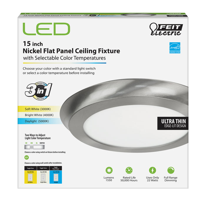 Feit Electric 15 Inch Round 3-In-1 CCT Selectable 3000K/4000K/5000K Nickel LED Ceiling Fixture (FP15D/4WY/NK)