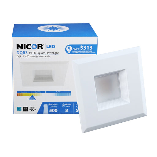 NICOR DQR Series 3 Inch White Square LED Recessed Downlight 3000K (DQR3-10-120-3K-WH-BF)