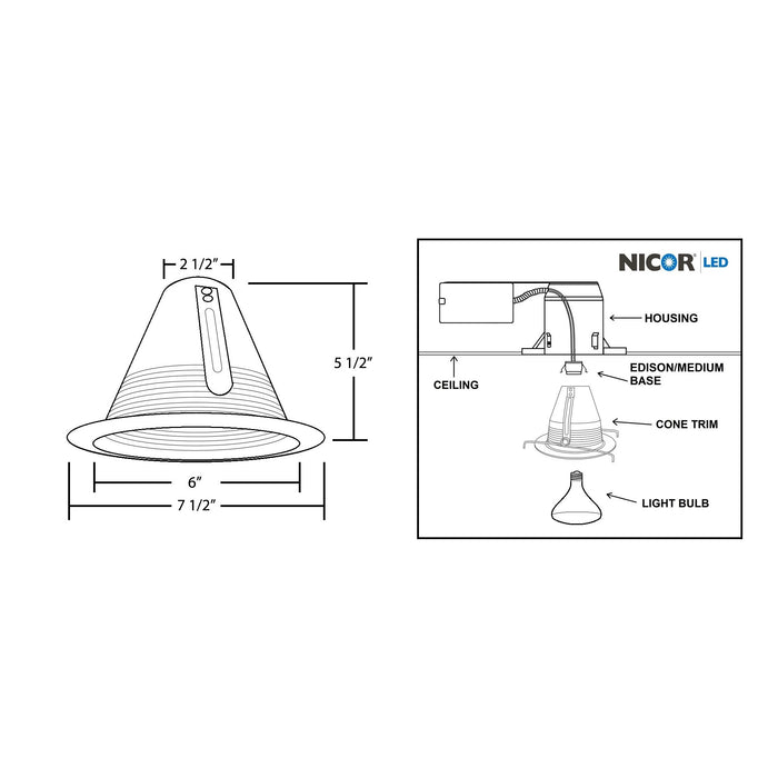 NICOR 6 Inch Black Airtight Recessed Cone Baffle Trim Fits 6 Inch Housings (17550ABK)