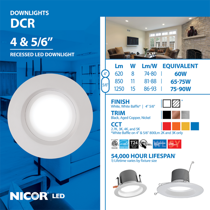 NICOR DCR56 Series 5-6 Inch 800Lm LED Recessed Downlight Retrofit Fixture Aged Copper 2700K 120V (DCR561081202KAC)