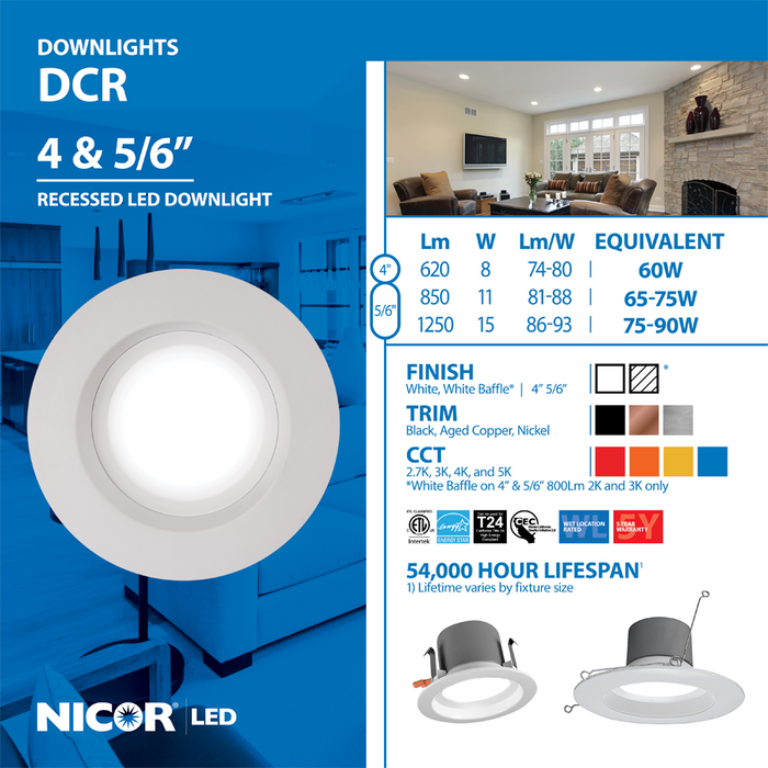 NICOR DCR56 Series 5-6 Inch 800Lm LED Recessed Downlight Retrofit Fixture Nickel 4000K 120V (DCR561081204KNK)