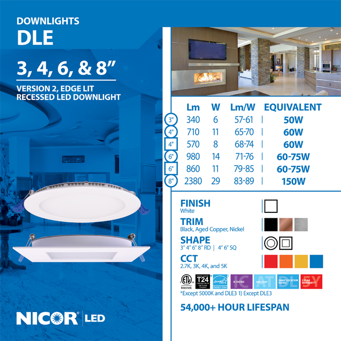 NICOR DLE4 Series 4 Inch Square White Flat Panel LED Downlight 4000K (DLE421204KSQWH)