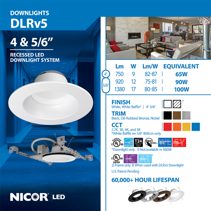 NICOR DLR56 V5 5 Inch/6 Inch Oil-Rubbed Bronze Recessed LED Downlight System 1200Lm 3000K (DLR565SYS123KOB)
