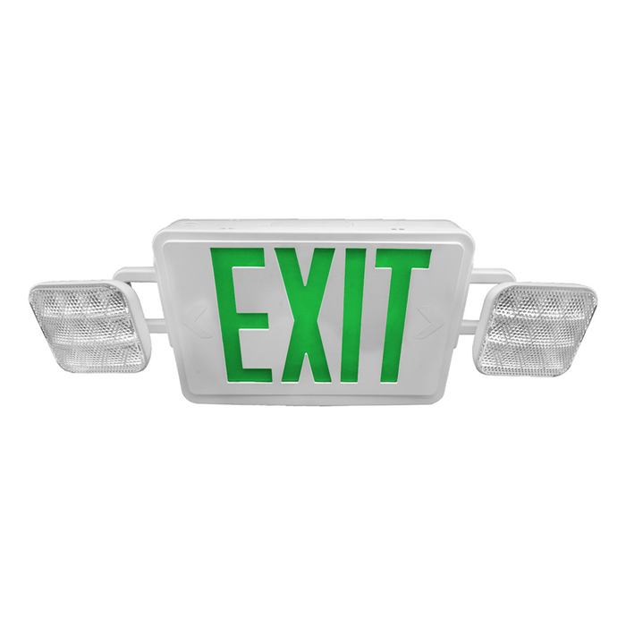 NICOR LED Emergency Exit Sign With Dual Adjustable LED Heads White With Green Lettering (ECL1-10-UNV-WH-G-2)