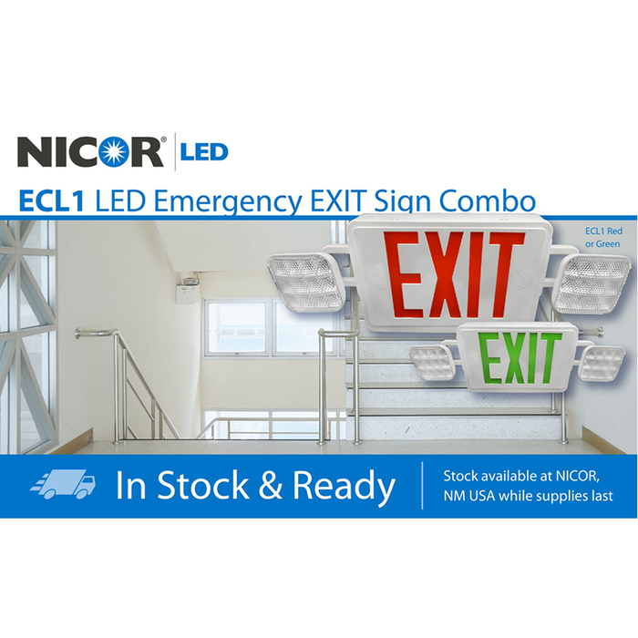 NICOR Remote Capable LED Emergency Exit Sign With Dual Adjustable LED Heads White With Red Lettering (ECL1-10-UNV-WH-R2R)