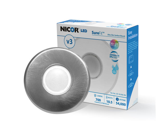 NICOR SureFit(v3) LED Flush Mount Ceiling Light 5000K With Round Nickel Trim (DLF301205KRDNK)