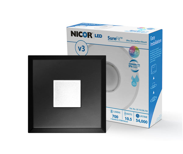 NICOR SureFit(v3) LED Flush Mount Ceiling Light 5000K With Square Black Trim (DLF301205KSQBK)