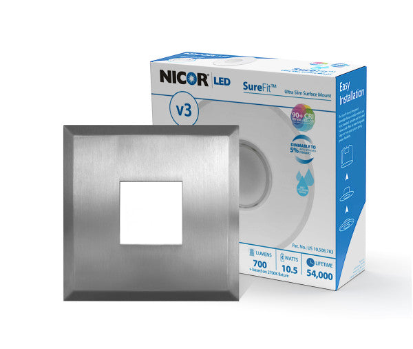 NICOR SureFit(v3) LED Flush Mount Ceiling Light 5000K With Square Nickel Trim (DLF301205KSQNK)