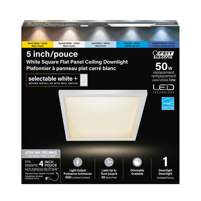 Feit Electric 5 Inch 7.2W [50W Equivalent] CCT Selectable 3000K/3500K/4000K/5000K/6500K White Square Flat Panel Ceiling Downlight (74204/6WYCA)