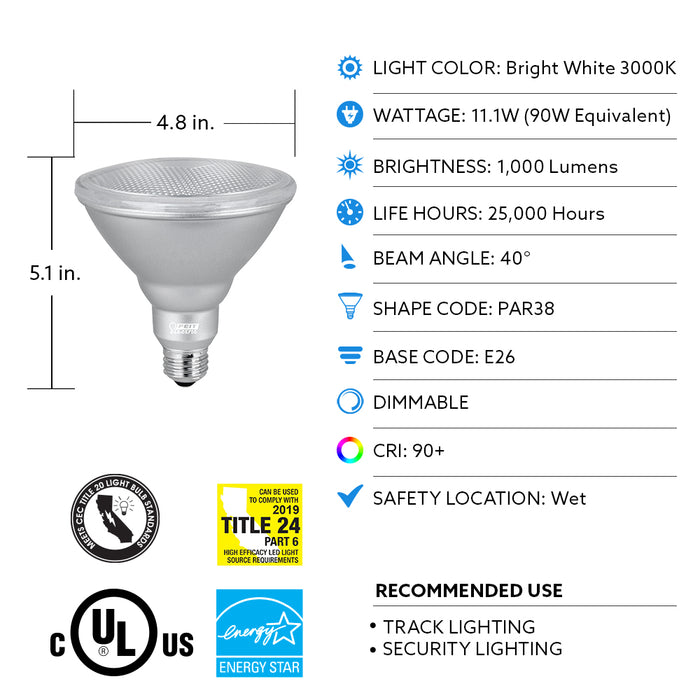 Feit Electric 11.1W [90W Equivalent] Bright White 3000K E26 Base PAR38 Dimmable Enhance Reflector LED Bulb 2-Pack (PAR38DM/930CA/2)