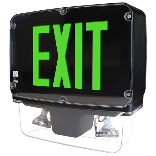 Exitronix Wet Location NEMA 4X Polycarbonate Exit Combination NSF Rated Single-Face Green Legend 6V 15W Black Finish Self-Test/Self-Diagnostics Tamper-Resistant Hardware (NXFC-1-G-6-15-BL-G2-TRH)