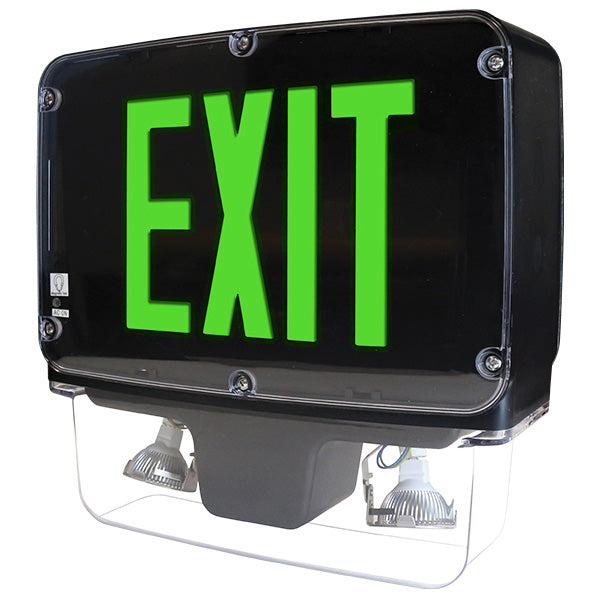 Exitronix Wet Location NEMA 4X Polycarbonate Exit Combination NSF Rated Single-Face Green Legend 6V 15W Black Finish Self-Test/Self-Diagnostics (NXFC-1-G-6-15-BL-G2)