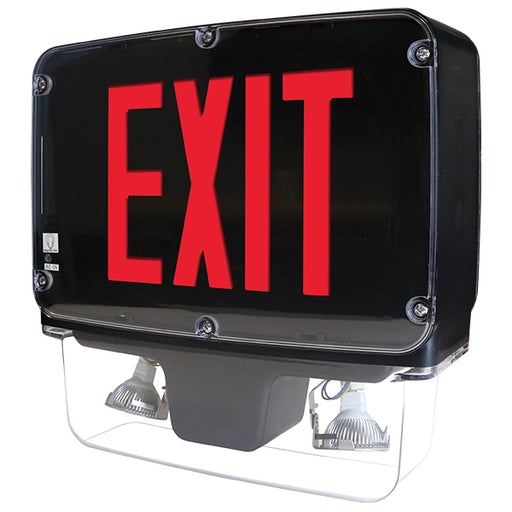 Exitronix Wet Location NEMA 4X Polycarbonate Exit Combination NSF Rated Double-Face Red Legend 12V 12W Black Finish Self-Test/Self-Diagnostics (NXFC-2-R-12-12-BL-G2)