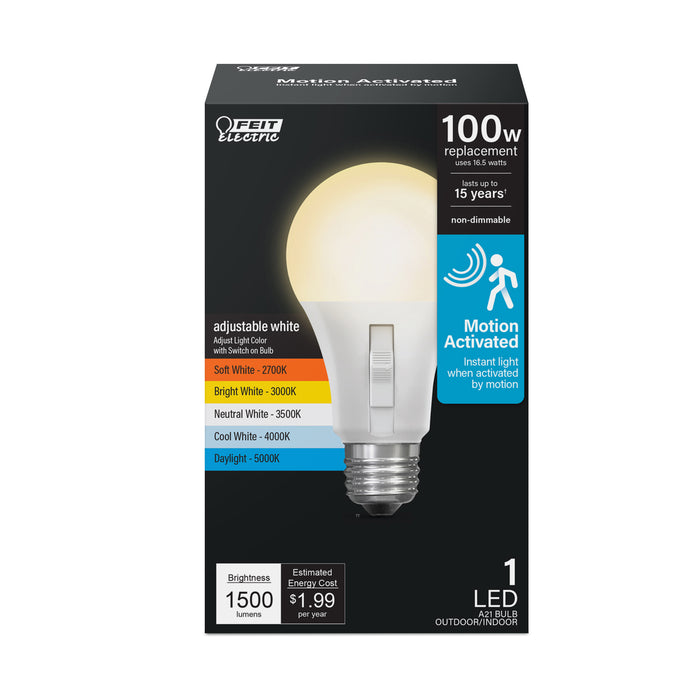 Feit Electric 16.5W [100W Equivalent] Adjustable White E26 Base Non-Dimmable Motion Sensor A21 LED Bulb CCT Selectable 2700K/3000K/3500K/4000K/5000K (OM100/5CCTCA/MM/LEDI)