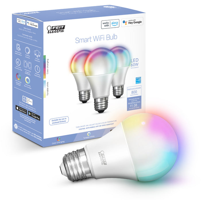 Feit Electric 9W Color Changing A19 Dimmable Alexa Google Smart Wi-Fi Bulb 3-Pack (OM60/RGBW/CA/AG/3)