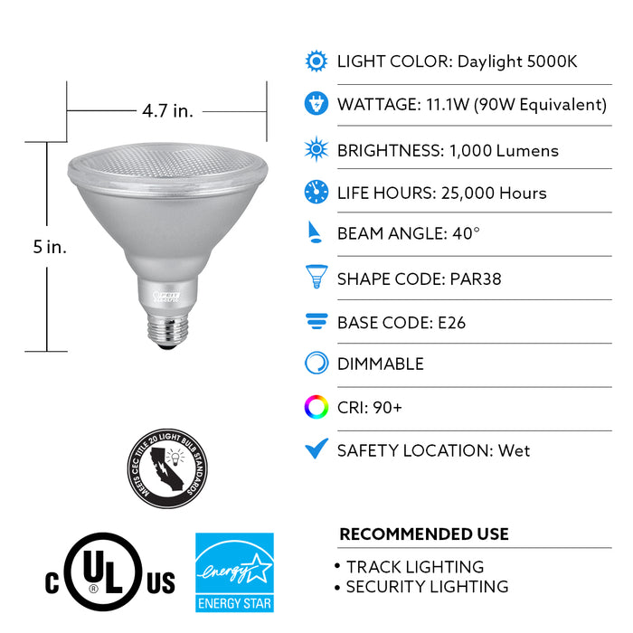 Feit Electric 11.1W [90W Equivalent] Daylight 5000K E26 Base PAR38 Dimmable Enhance Reflector LED Bulb 2-Pack (PAR38DM/950CA/2)