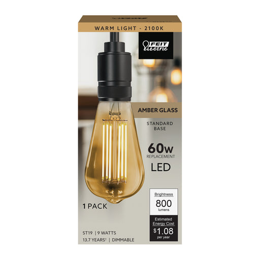 Feit Electric 9W ST19 E26 Base Dimmable Straight Filament Amber Glass Vintage Edison LED Light Bulb Warm Light (ST1960/VG/LED/HDRP)