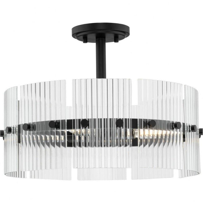 Progress Lighting Seville Collection 4-Light Contemporary Pendant Matte Black Finish Clear Ribbed Glass (P500456-31M)