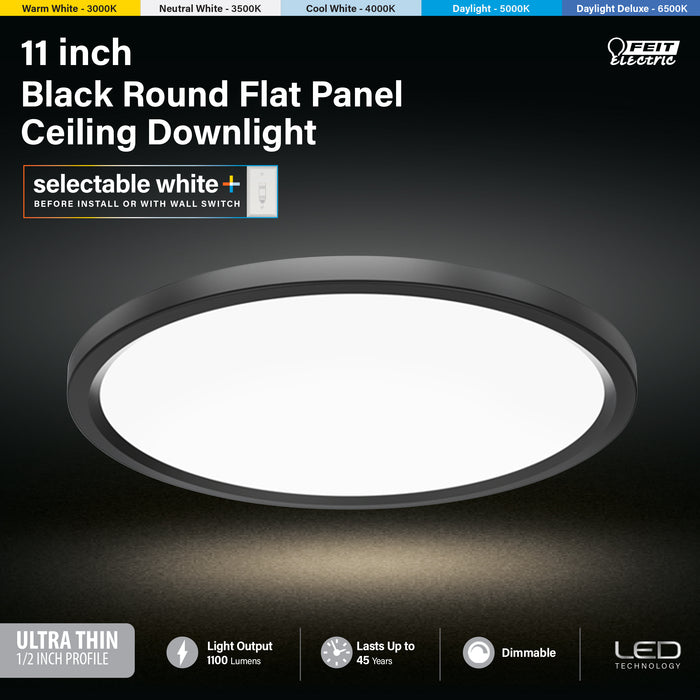 Feit Electric 11 Inch 13.7W [75W Equivalent] Selectable White Round Black LED Flat Panel Ceiling Light 2-Pack (FP11EX6WYBK2)