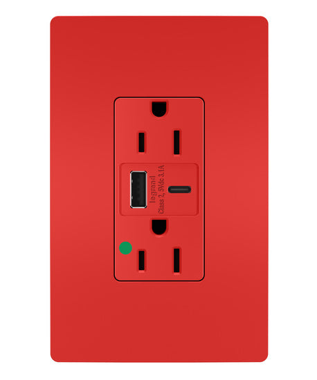 Pass And Seymour 15A 125V Duplex Hospital Grade Tamper-Resistant Receptacle And USBA-USBC 3.1A Red (TR15HUSBACRED)