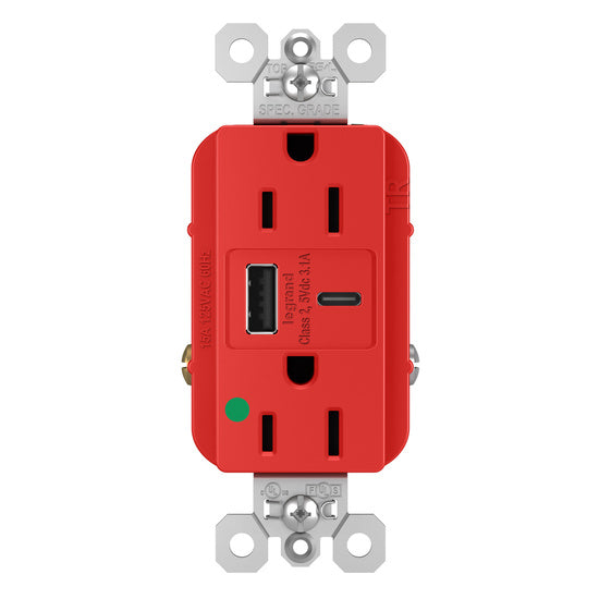 Pass And Seymour 15A 125V Duplex Hospital Grade Tamper-Resistant Receptacle And USBA-USBC 3.1A Red (TR15HUSBACRED)