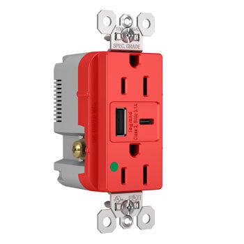 Pass And Seymour 15A 125V Duplex Hospital Grade Tamper-Resistant Receptacle And USBA-USBC 3.1A Red (TR15HUSBACRED)