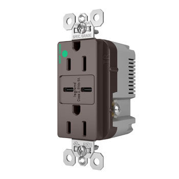 Pass And Seymour 15A 125V Hospital Grade Tamper-Resistant Receptacle And 2 USBC Fast Charge Brown (TR15HUSBCC6)