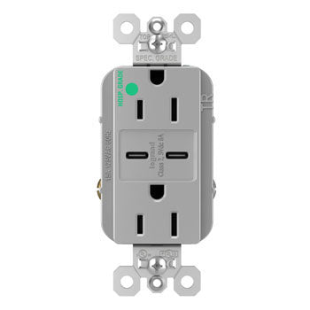 Pass And Seymour 15A 125V Hospital Grade Tamper-Resistant Receptacle And 2 USBC Fast Charge Gray (TR15HUSBCC6GRY)
