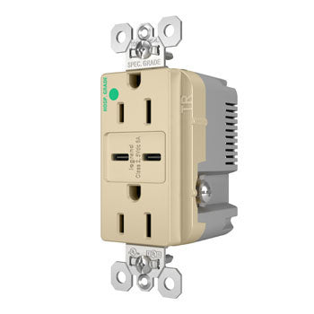 Pass And Seymour 15A 125V Hospital Grade Tamper-Resistant Receptacle And 2 USBC Fast Charge Ivory (TR15HUSBCC6I)