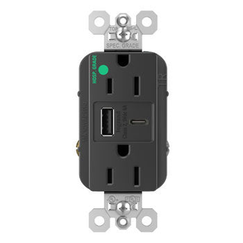 Pass And Seymour 15A 125V Hospital Grade Tamper-Resistant Receptacle And USBA And USBC Fast Charge Black (TR15HUSBAC6BK)