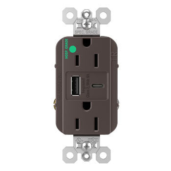 Pass And Seymour 15A 125V Hospital Grade Tamper-Resistant Receptacle And USBA And USBC Fast Charge Brown (TR15HUSBAC6)