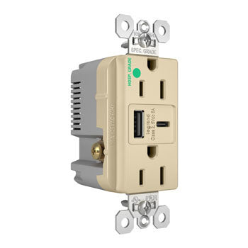 Pass And Seymour 15A 125V Hospital Grade Tamper-Resistant Receptacle And USBA And USBC Fast Charge Ivory (TR15HUSBAC6I)