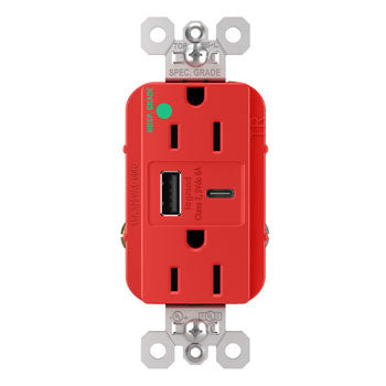 Pass And Seymour 15A 125V Hospital Grade Tamper-Resistant Receptacle And USBA And USBC Fast Charge Red (TR15HUSBAC6RED)