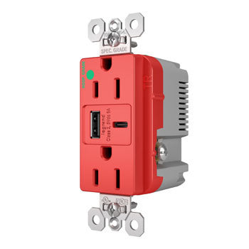 Pass And Seymour 15A 125V Hospital Grade Tamper-Resistant Receptacle And USBA And USBC Fast Charge Red (TR15HUSBAC6RED)
