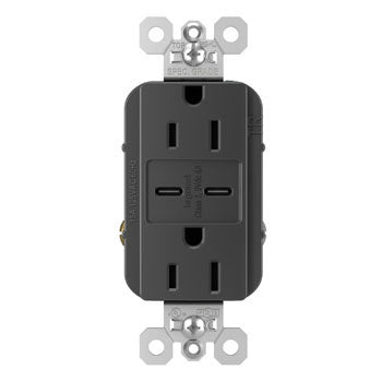 Pass And Seymour 15A 125V Tamper-Resistant Receptacle And 2 USBC Fast Charge Black (TR15USBCC6BK)