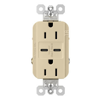 Pass And Seymour 15A 125V Tamper-Resistant Receptacle And 2 USBC Fast Charge Ivory (TR15USBCC6I)
