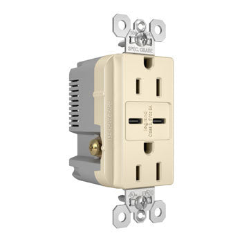 Pass And Seymour 15A 125V Tamper-Resistant Receptacle And 2 USBC Fast Charge Light Almond (TR15USBCC6LA)