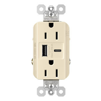 Pass And Seymour 15A 125V Tamper-Resistant Receptacle And USBA And USBC Fast Charge Light Almond (TR15USBAC6LA)