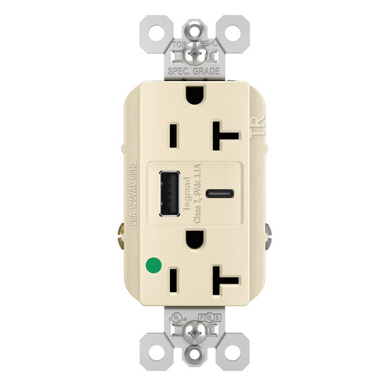 Pass And Seymour 20A 125V Duplex Hospital Grade Tamper-Resistant Receptacle And USBA-USBC 3.1A Light Almond (TR20HUSBACLA)