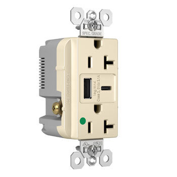 Pass And Seymour 20A 125V Duplex Hospital Grade Tamper-Resistant Receptacle And USBA-USBC 3.1A Light Almond (TR20HUSBACLA)