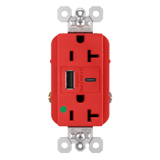 Pass And Seymour 20A 125V Duplex Hospital Grade Tamper-Resistant Receptacle And USBA-USBC 3.1A Red (TR20HUSBACRED)