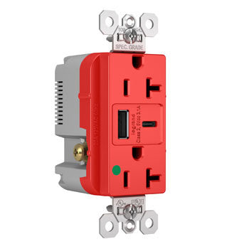 Pass And Seymour 20A 125V Duplex Hospital Grade Tamper-Resistant Receptacle And USBA-USBC 3.1A Red (TR20HUSBACRED)