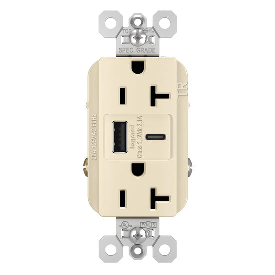 Pass And Seymour 20A 125V Duplex Tamper-Resistant Receptacle And USBA-USBC 3.1A Light Almond (TR20USBACLA)
