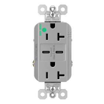 Pass And Seymour 20A 125V Hospital Grade Tamper-Resistant Receptacle And 2 USBC Fast Charge Gray (TR20HUSBCC6GRY)