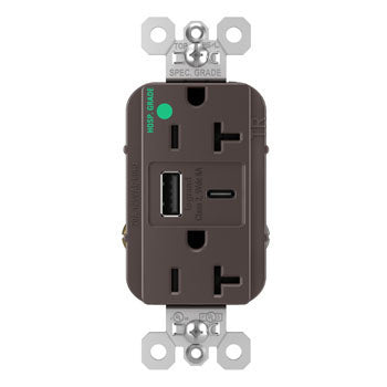 Pass And Seymour 20A 125V Hospital Grade Tamper-Resistant Receptacle And USBA And USBC Fast Charge Brown (TR20HUSBAC6)