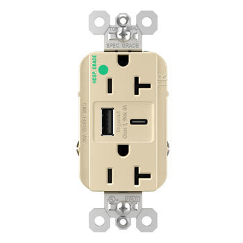 Pass And Seymour 20A 125V Hospital Grade Tamper-Resistant Receptacle And USBA And USBC Fast Charge Ivory (TR20HUSBAC6I)
