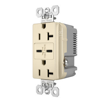 Pass And Seymour 20A 125V Tamper-Resistant Receptacle And 2 USBC Fast Charge Light Almond (TR20USBCC6LA)