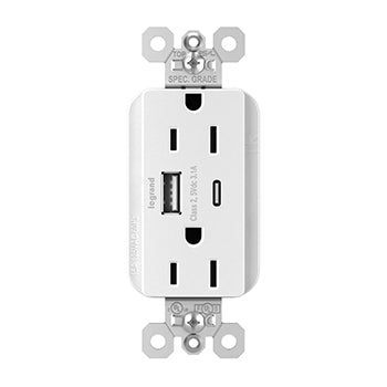 Pass And Seymour PlugTail 15A Hybrid AC USB Duplex White (PTTR15ACUSBW)